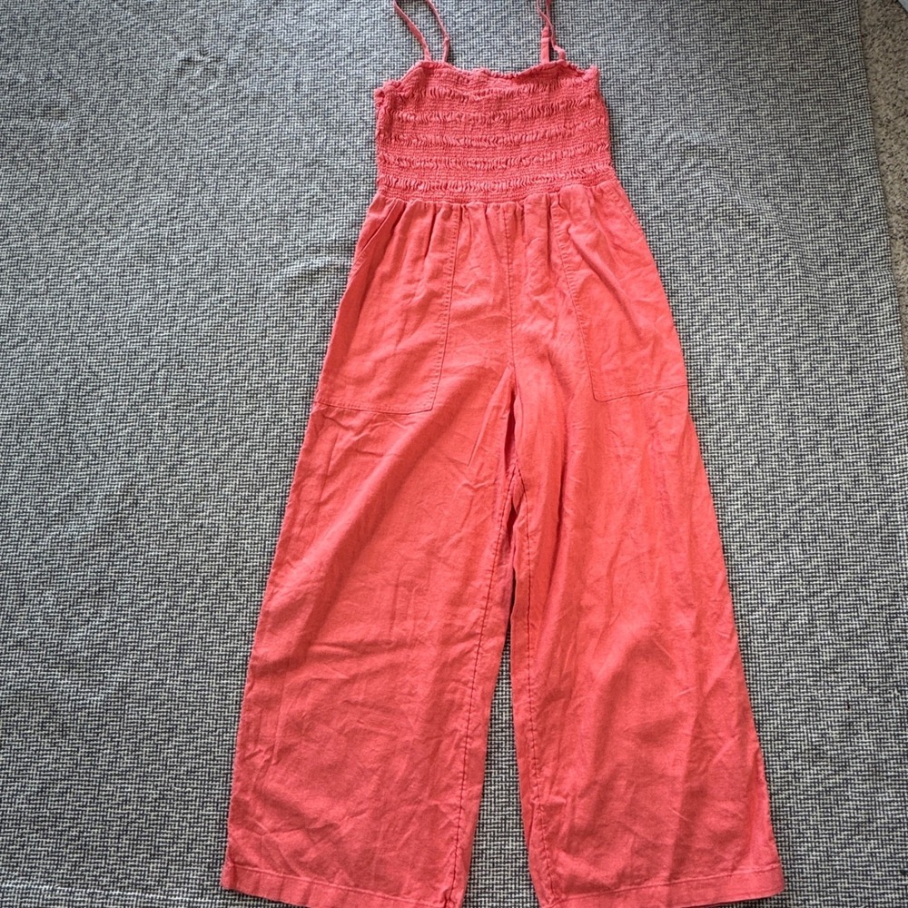 Universal Thread Womens Coral Pink Smocked Wide Leg Linen Blend Jumpsuit Size M